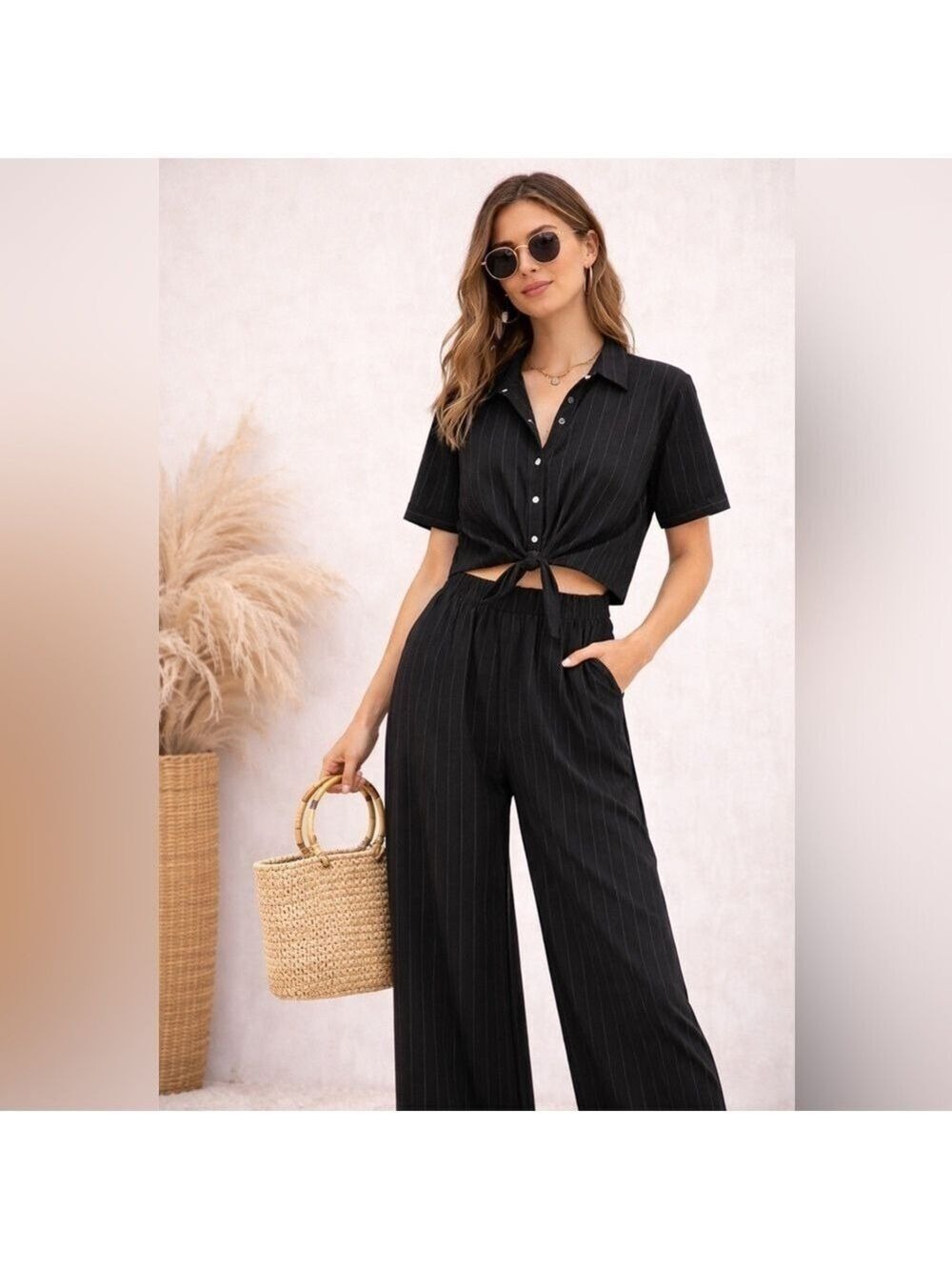 Matching Set Wide Leg Pants Tie Front Crop Top M Pinstripe Charlotte Avery